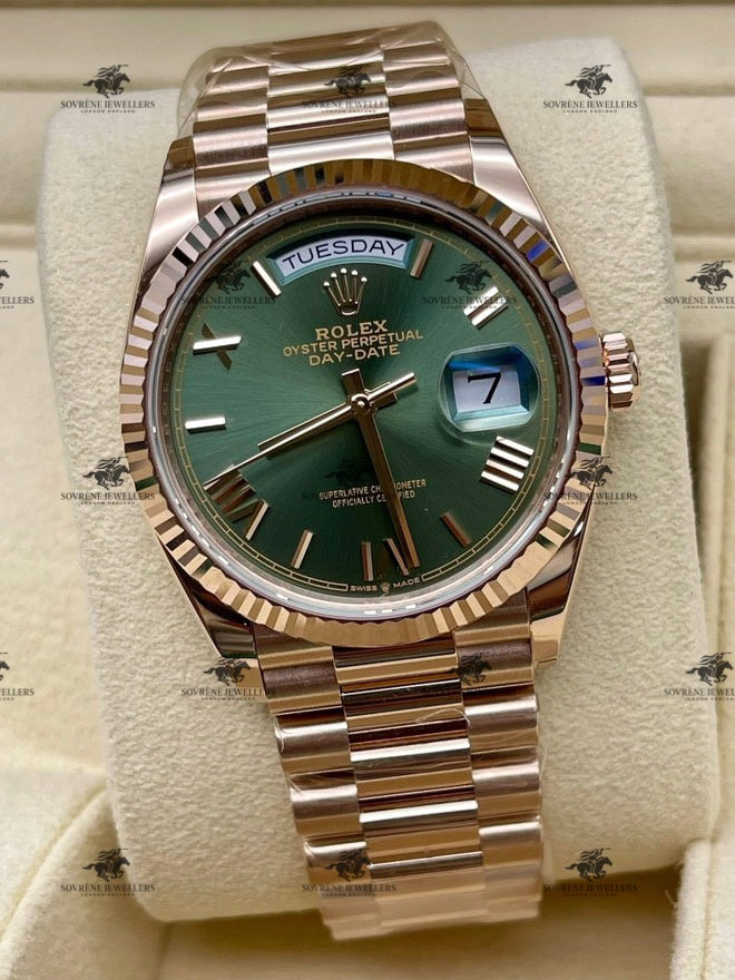 Pre-Owned 2025 Day-Date 40 – 18k Everose Gold with Green Dial | Authenticated by Sovrène