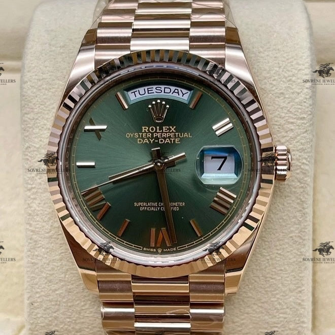 Pre-Owned 2025 Day-Date 40 – 18k Everose Gold with Green Dial | Authenticated by Sovrène