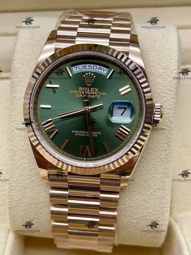 Pre-Owned 2025 Day-Date 40 – 18k Everose Gold with Green Dial | Authenticated by Sovrène
