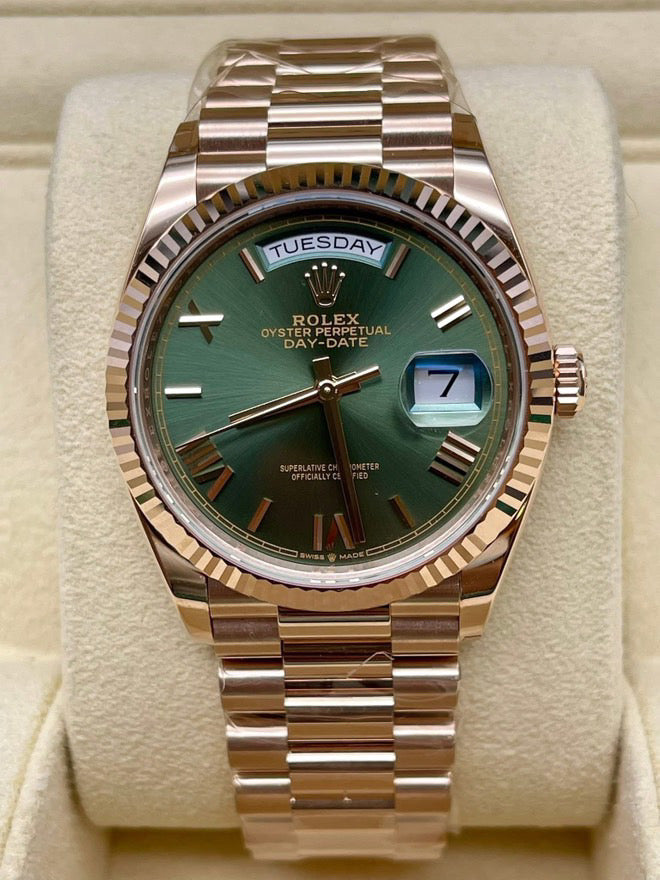 Pre-Owned 2025 Day-Date 40 – 18k Everose Gold with Green Dial | Authenticated by Sovrène