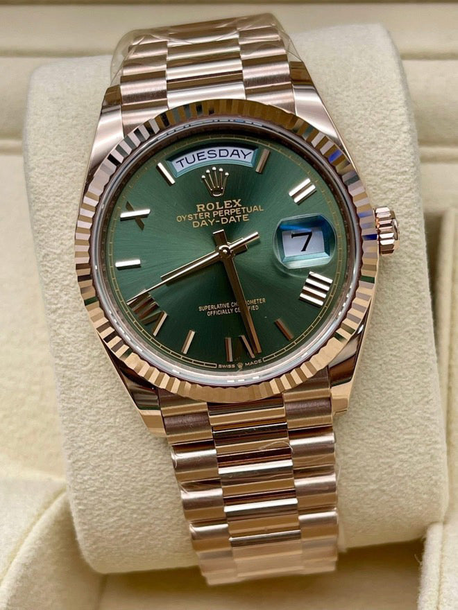 Pre-Owned 2025 Day-Date 40 – 18k Everose Gold with Green Dial | Authenticated by Sovrène