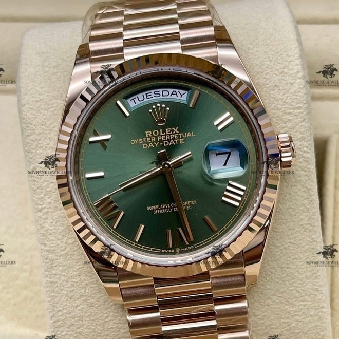 Pre-Owned 2025 Day-Date 40 – 18k Everose Gold with Green Dial | Authenticated by Sovrène