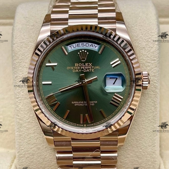 Pre-Owned 2025 Day-Date 40 – 18k Everose Gold with Green Dial | Authenticated by Sovrène