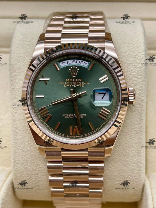 Pre-Owned 2025 Day-Date 40 – 18k Everose Gold with Green Dial | Authenticated by Sovrène