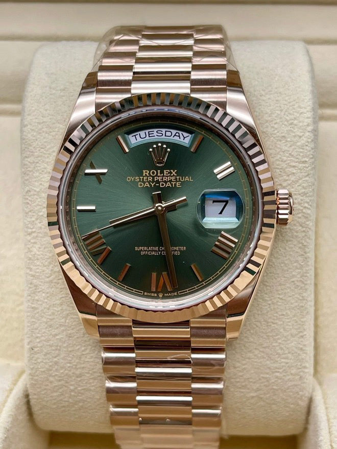 Pre-Owned 2025 Day-Date 40 – 18k Everose Gold with Green Dial | Authenticated by Sovrène