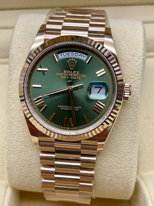Pre-Owned 2025 Day-Date 40 – 18k Everose Gold with Green Dial | Authenticated by Sovrène