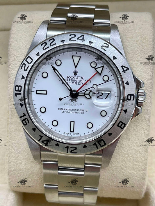 Pre-Owned Rolex Explorer II – Stainless Steel & White Dial 16570 | Authenticated by Sovrène