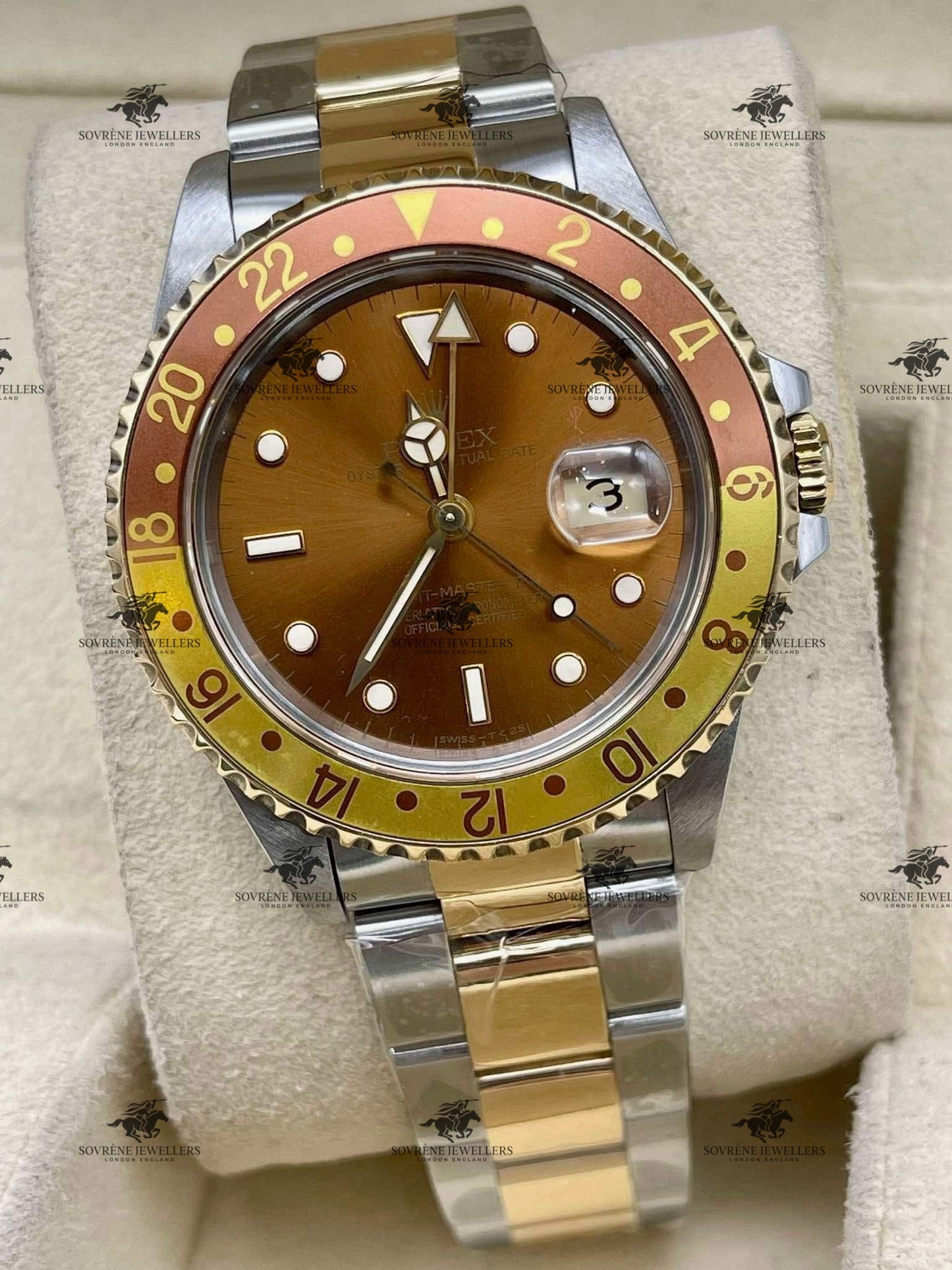 Pre-Owned Rolex GMT-Master II – Steel & Gold with Brown Dial Ref 16713 | Authenticated by Sovrène