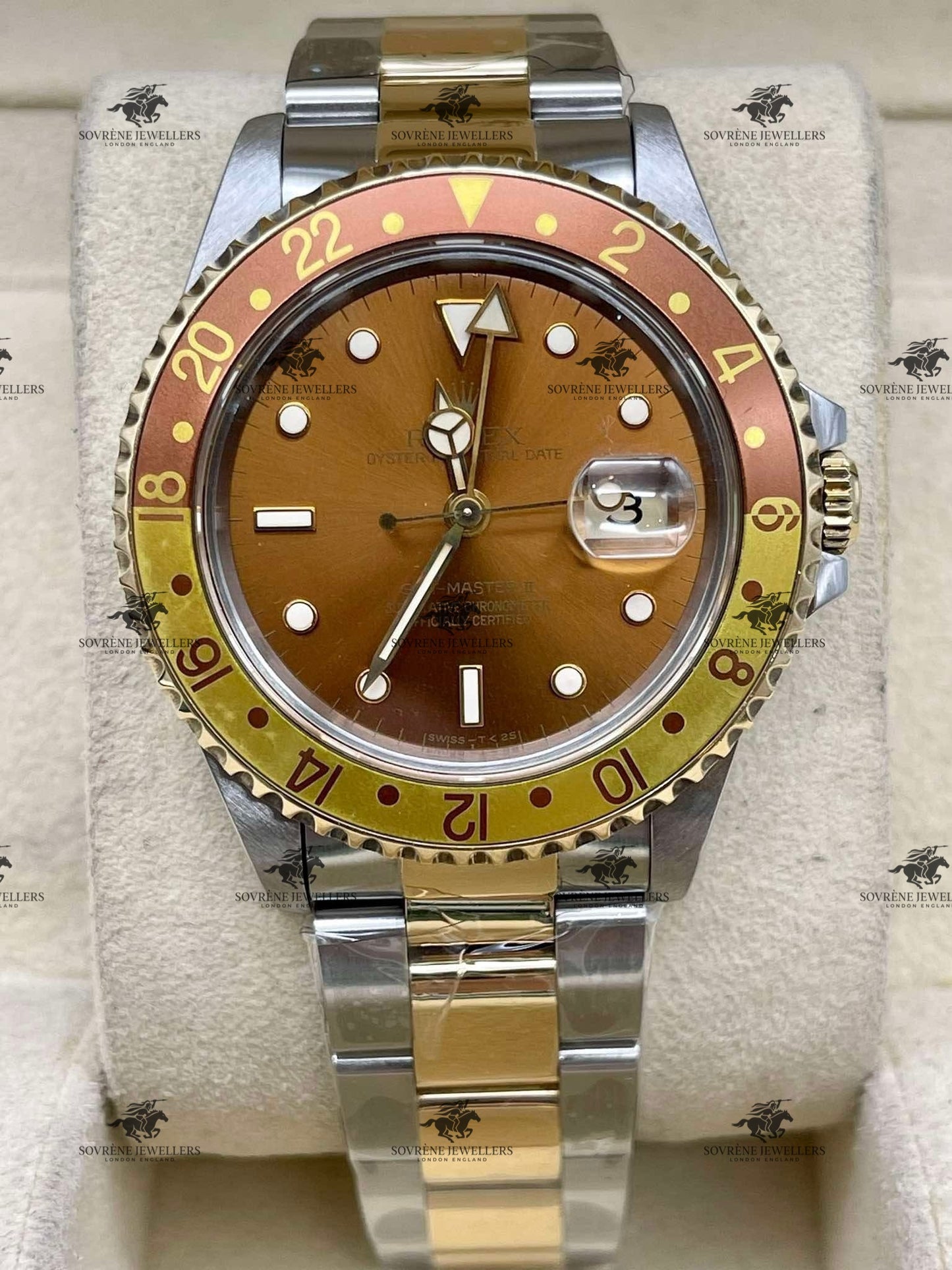Pre-Owned Rolex GMT-Master II – Steel & Gold with Brown Dial Ref 16713 | Authenticated by Sovrène