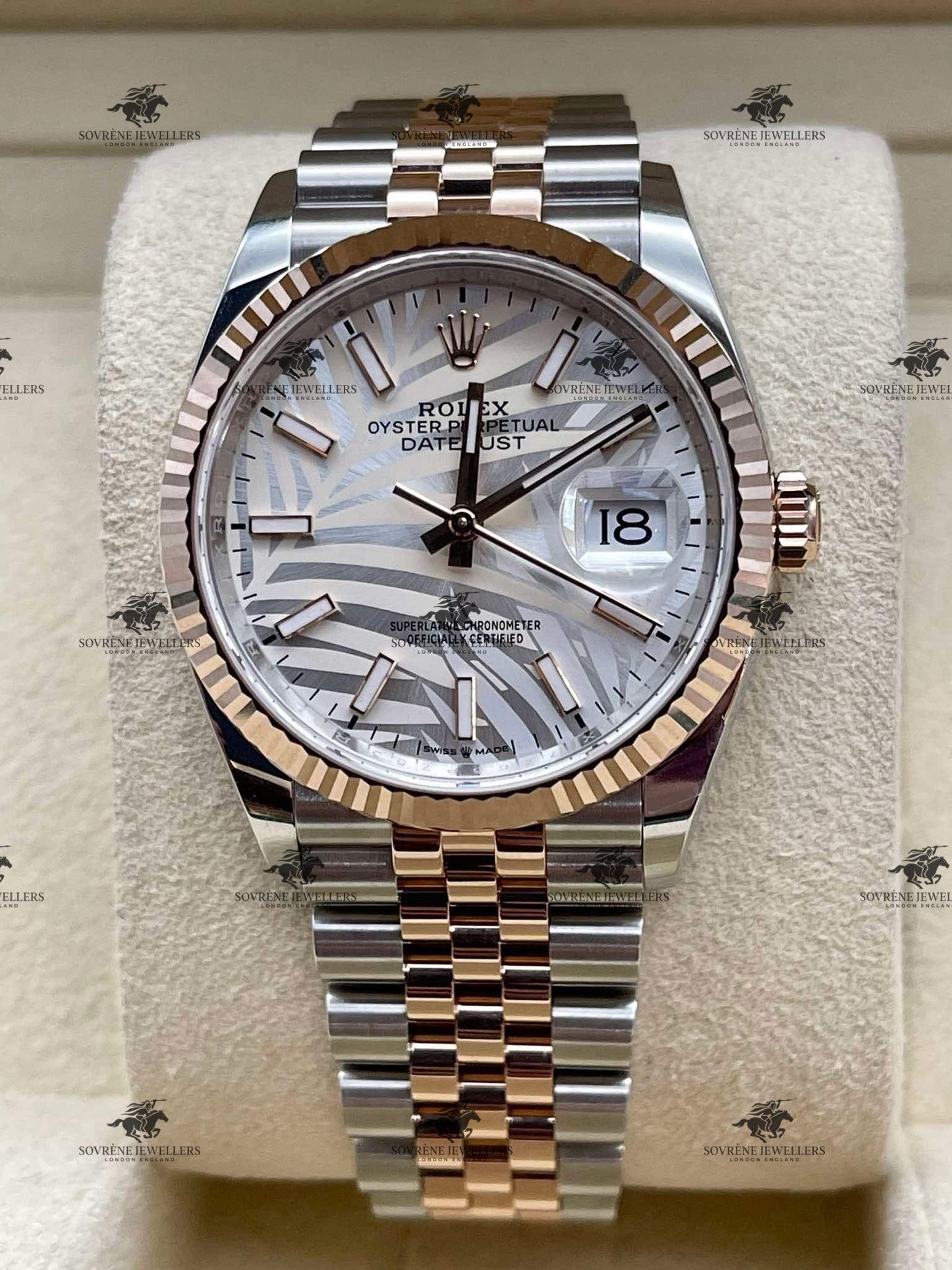 Pre Owned Rolex Datejust 36 Steel and Everose Gold Palm Motif Dial Ref 126231 | Sovrène Jewellers London | Authenticated by Sovrène