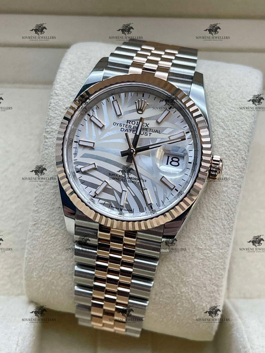 Pre Owned Rolex Datejust 36 Steel and Everose Gold Palm Motif Dial Ref 126231 | Sovrène Jewellers London | Authenticated by Sovrène