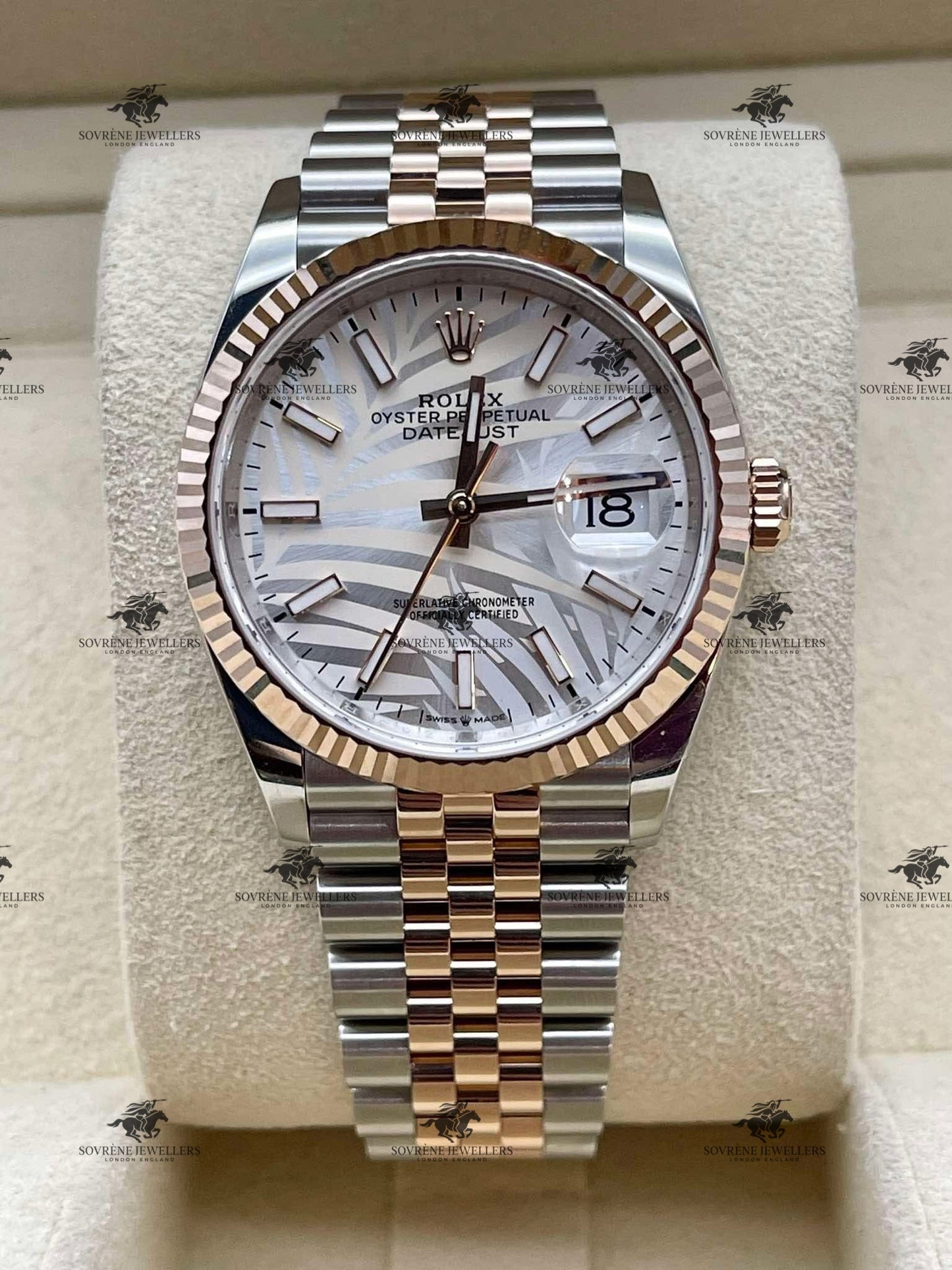 Pre Owned Rolex Datejust 36 Steel and Everose Gold Palm Motif Dial Ref 126231 | Sovrène Jewellers London | Authenticated by Sovrène