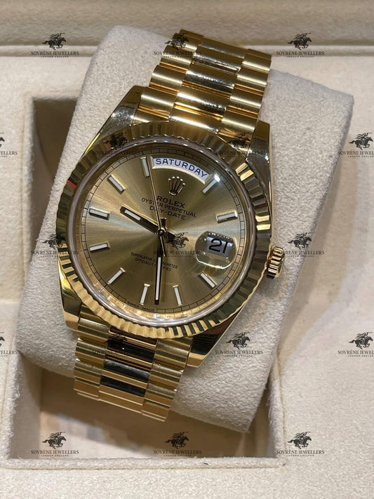 Pre Owned Rolex Day Date 40 Yellow Gold Champagne Dial Ref 228238 | Authenticated by Sovrène