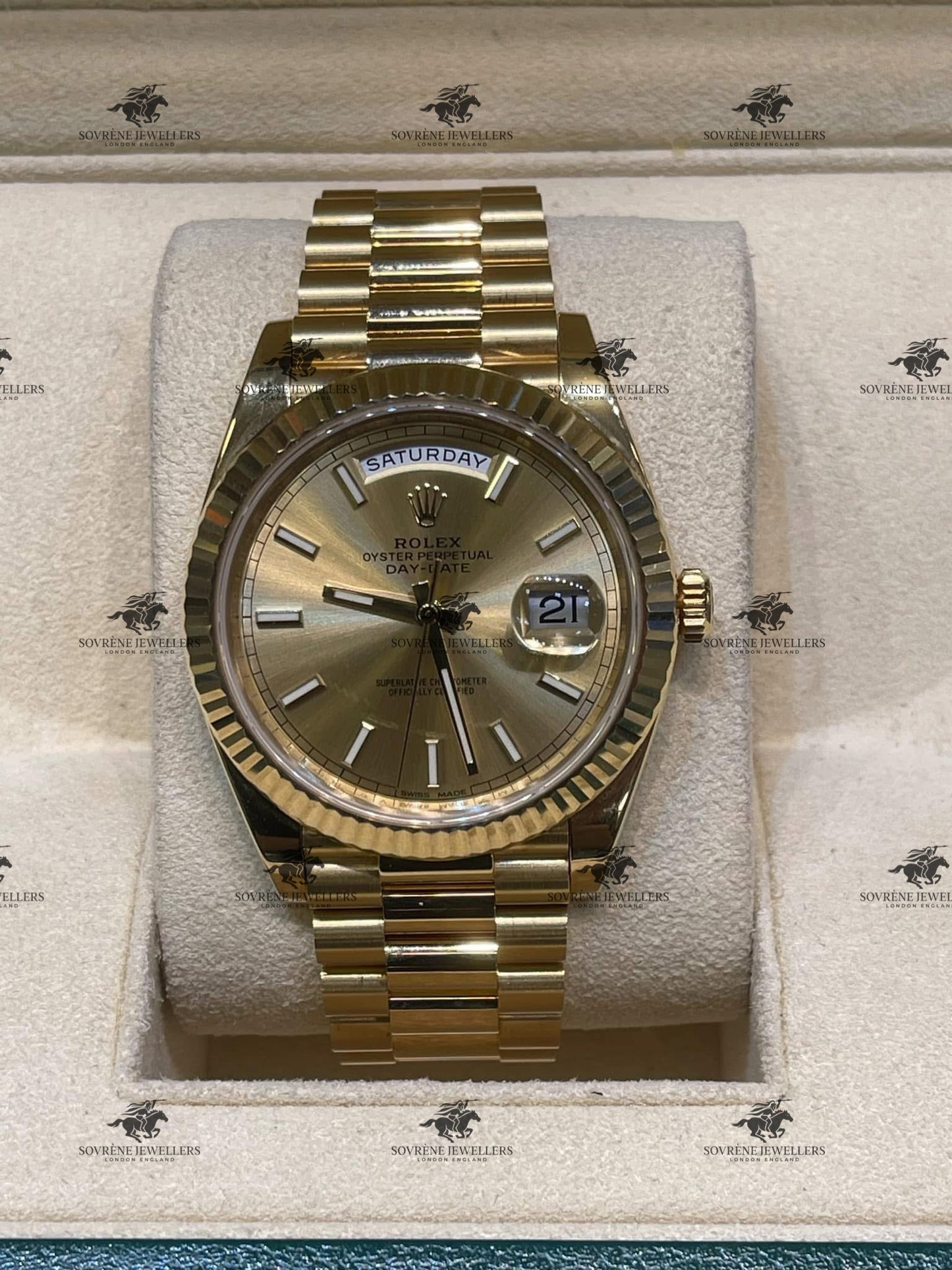 Pre Owned Rolex Day Date 40 Yellow Gold Champagne Dial Ref 228238 | Authenticated by Sovrène