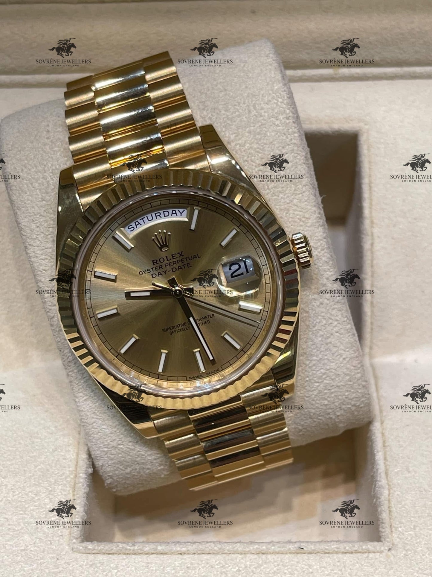 Pre Owned Rolex Day Date 40 Yellow Gold Champagne Dial Ref 228238 | Authenticated by Sovrène