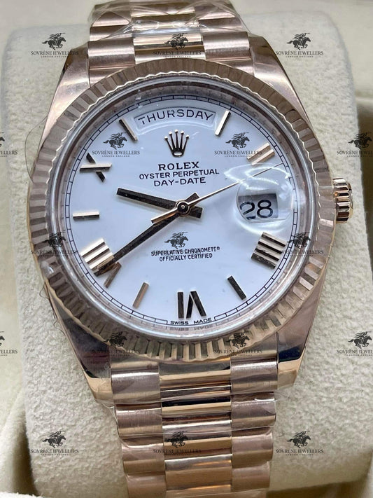 Pre Owned Rolex Day Date 40 Everose Gold White Dial Ref 228235 | Authenticated by Sovrène