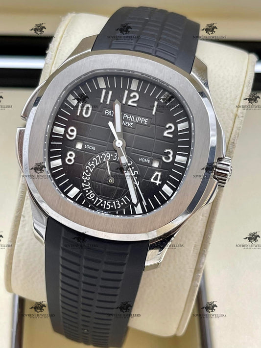 Pre Owned Patek Philippe Aquanaut Travel Time 5164A Stainless Steel Black Dial | Authenticated by Sovrène