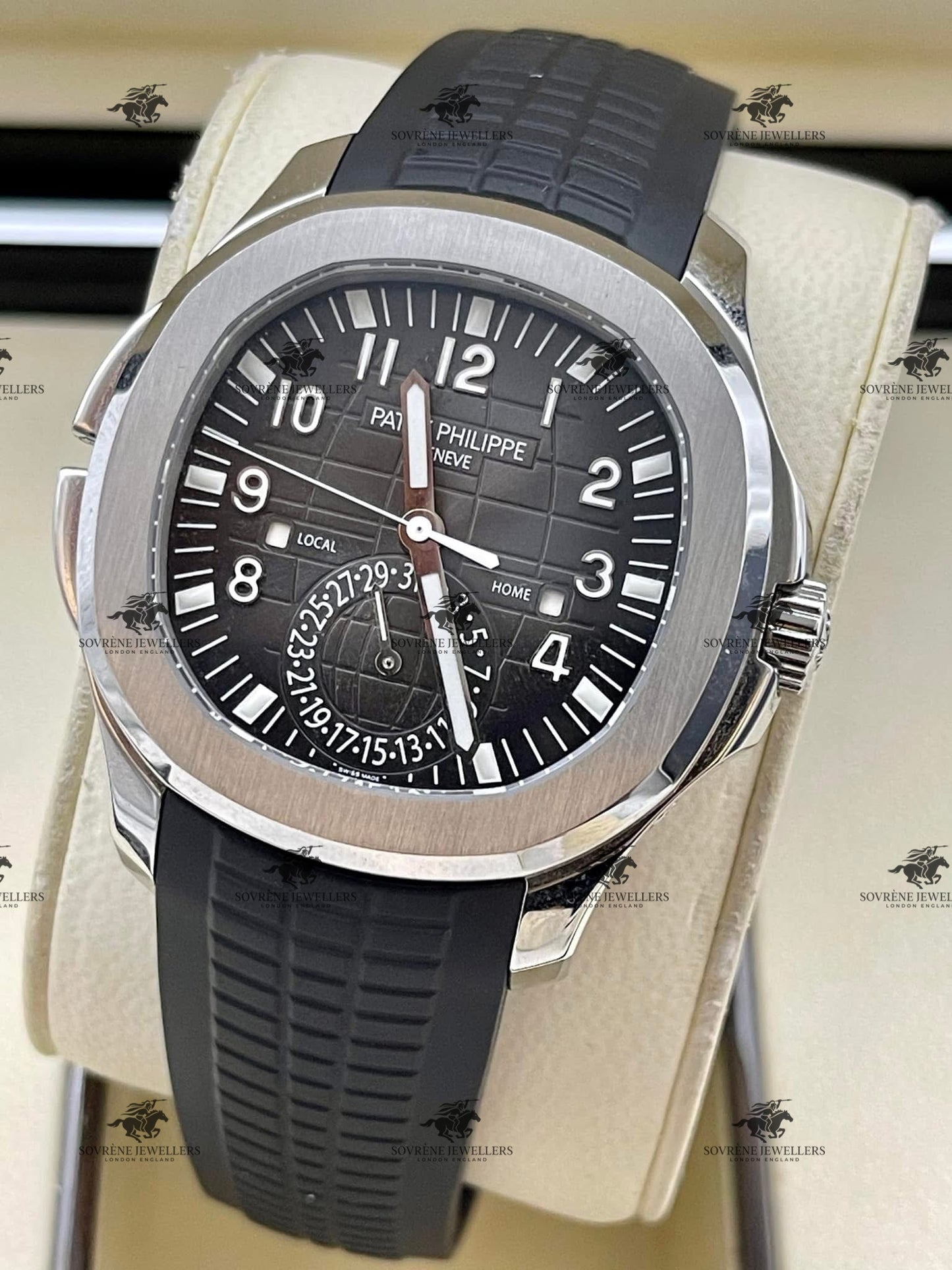 Pre Owned Patek Philippe Aquanaut Travel Time 5164A Stainless Steel Black Dial | Authenticated by Sovrène