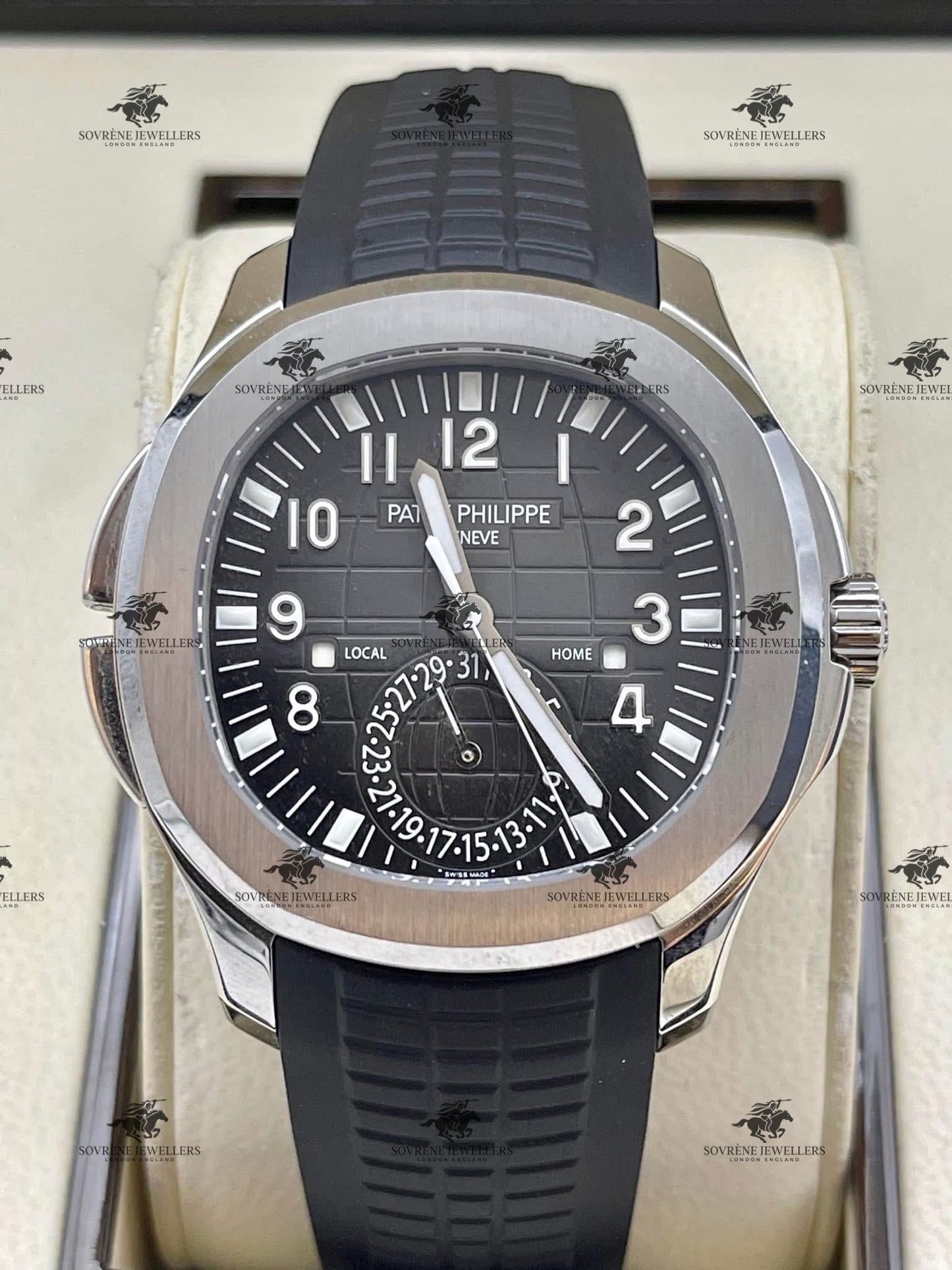 Pre Owned Patek Philippe Aquanaut Travel Time 5164A Stainless Steel Black Dial | Authenticated by Sovrène