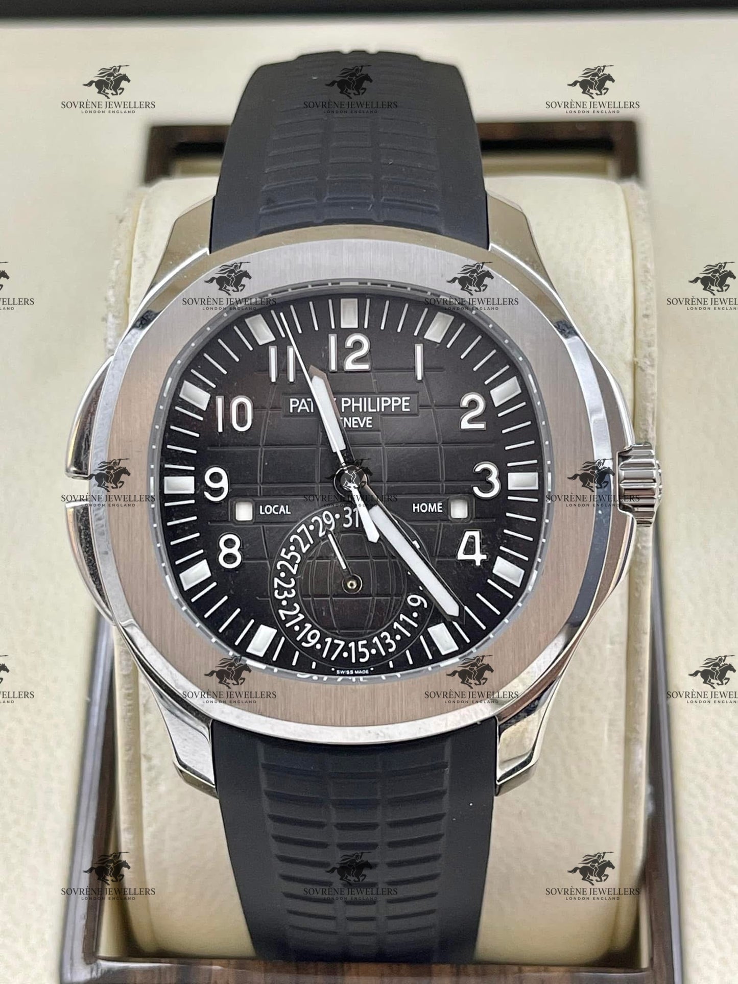 Pre Owned Patek Philippe Aquanaut Travel Time 5164A Stainless Steel Black Dial | Authenticated by Sovrène