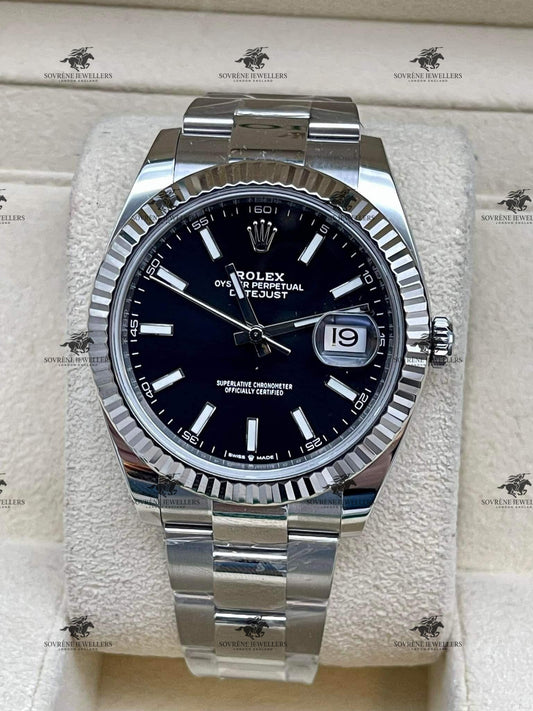 Pre Owned Rolex Datejust 41 Stainless Steel Black Dial Fluted Bezel Ref 126334 | Authenticated by Sovrène