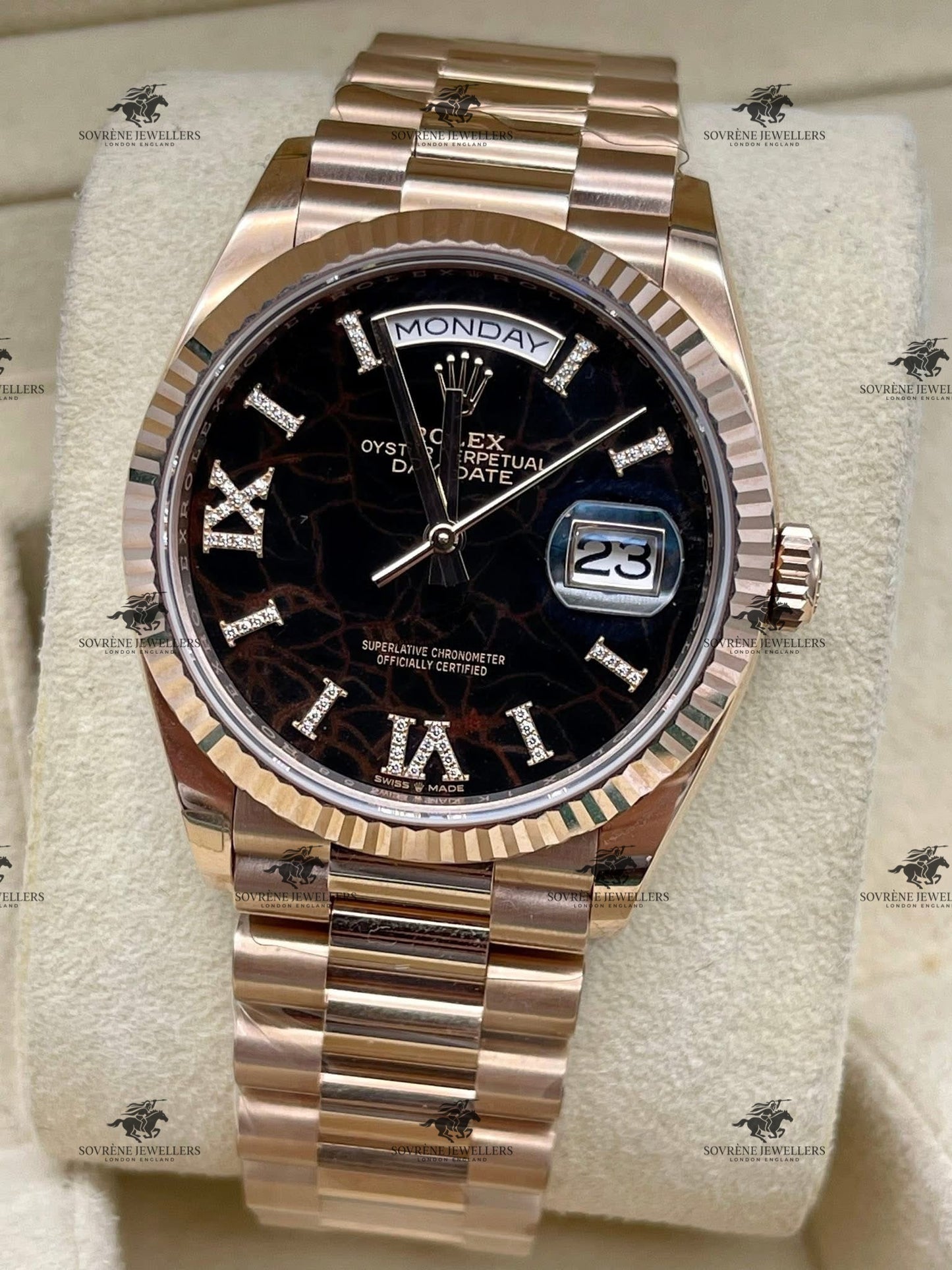 Pre Owned Rolex Day Date 40 18ct Everose Gold Eisenkiesel Roman Diamond Dial | Sovrène Jewellers London | Authenticated by Sovrène