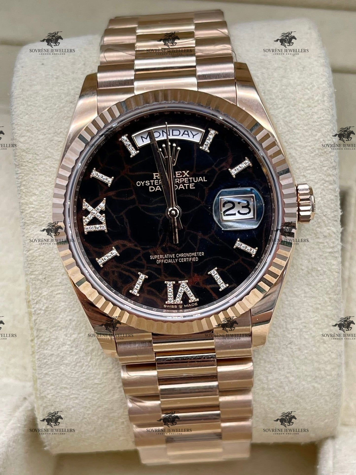 Pre-Owned 2024 Day-Date 40 – Everose Gold with Unique Dial & Diamond Accents | Authenticated by Sovrène