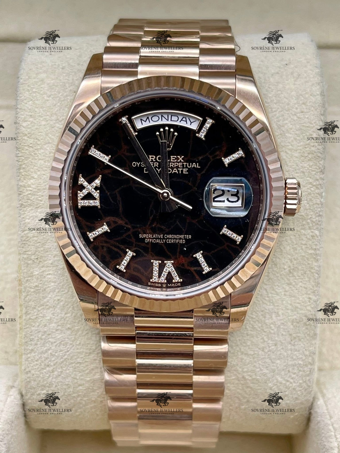 Pre-Owned 2024 Day-Date 40 – Everose Gold with Unique Dial & Diamond Accents | Authenticated by Sovrène