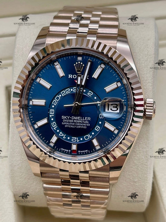Pre Owned Rolex Sky-Dweller 18ct Everose Gold Blue Dial Ref 336935 | Sovrène Jewellers London | Authenticated by Sovrène