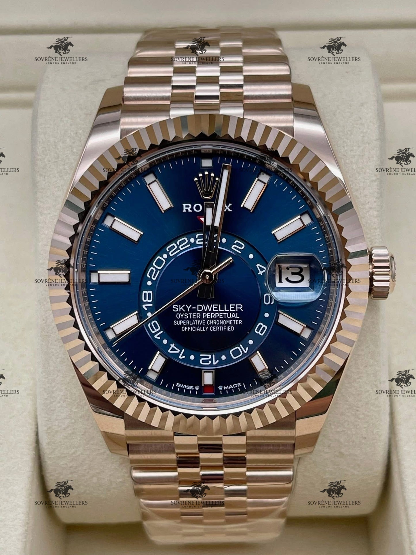 Pre Owned Rolex Sky-Dweller 18ct Everose Gold Blue Dial Ref 336935 | Sovrène Jewellers London | Authenticated by Sovrène