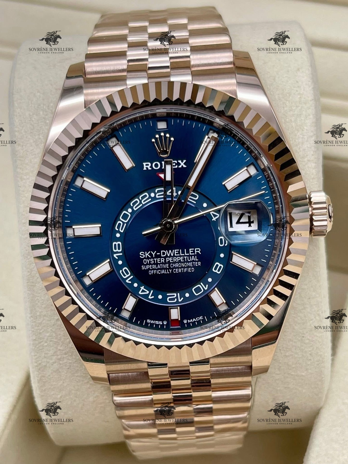 Pre Owned Rolex Sky-Dweller 18ct Everose Gold Blue Dial Ref 336935 | Sovrène Jewellers London | Authenticated by Sovrène