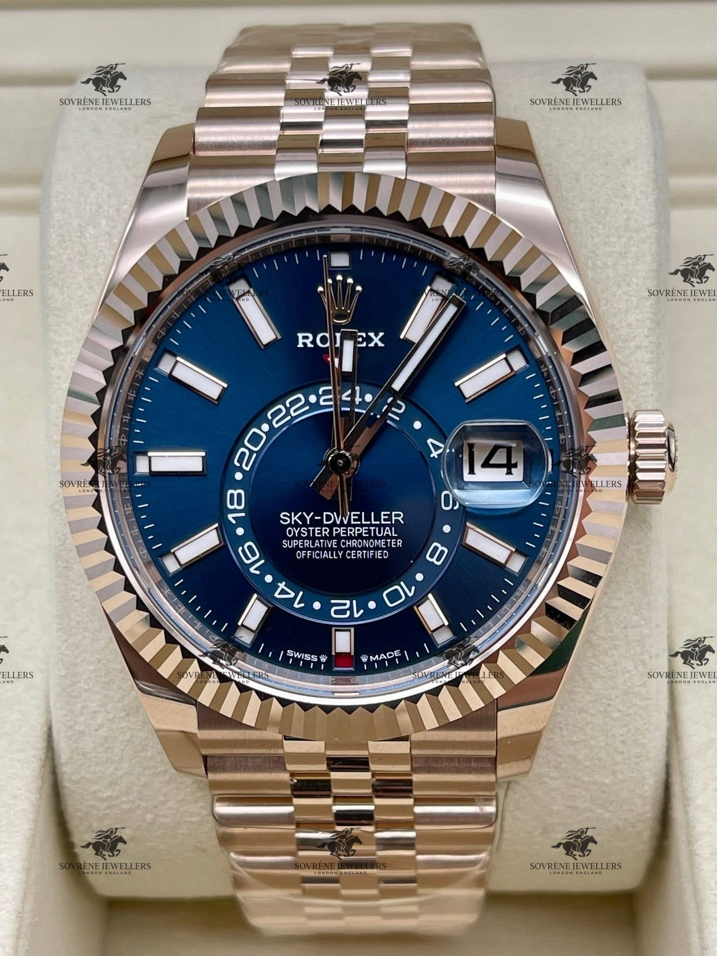 Pre Owned Rolex Sky-Dweller 18ct Everose Gold Blue Dial Ref 336935 | Sovrène Jewellers London | Authenticated by Sovrène